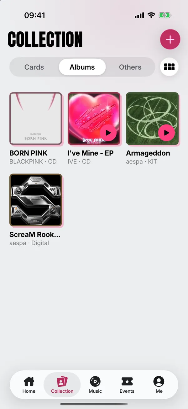 Collection의 Albums: Born Pink, I've Mine, Armageddon, ScreaM Rookies와 각각의 그룹, 포맷.
