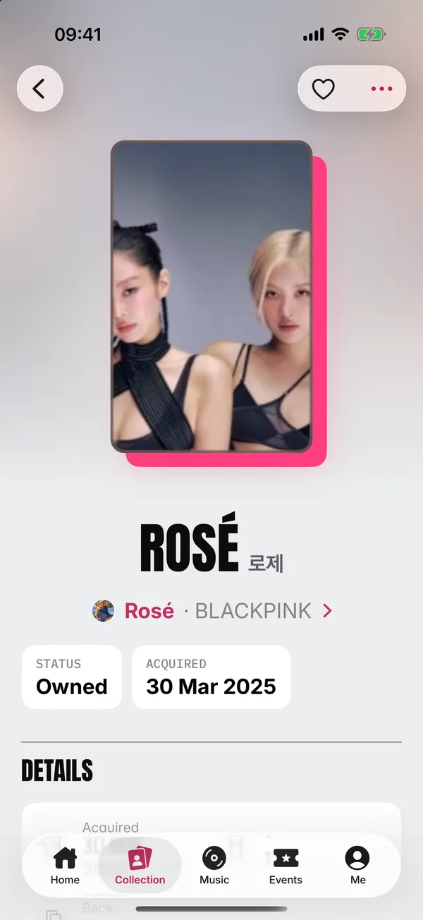 BLACKPINK 로제의 포토카드 페이지: 상태 Owned와 얻은 날짜.