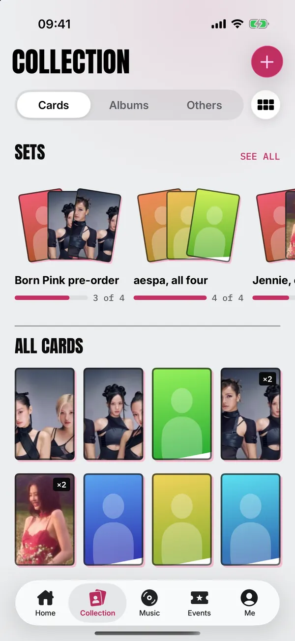 Collection의 Cards: 3/4인 Born Pink pre-order와 4/4인 aespa, all four 두 세트, 그 아래 모든 카드가 격자로.