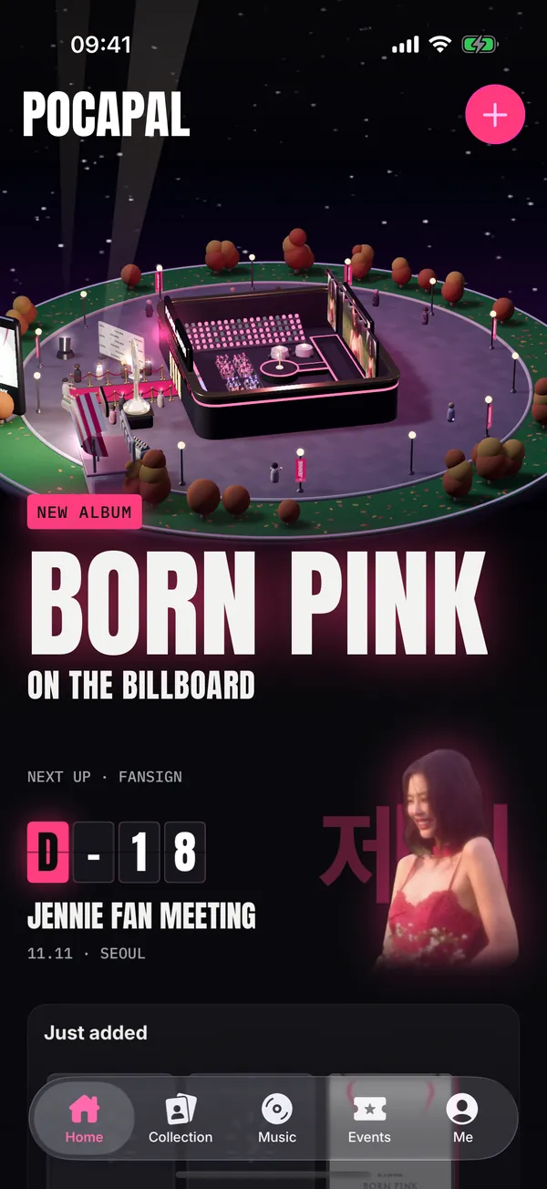 PocaPal의 Home: 맨 위에 컬렉션으로 지은 아레나, 전광판의 앨범 Born Pink, 그리고 서울 제니 팬미팅까지 D-18을 세는 Next up.