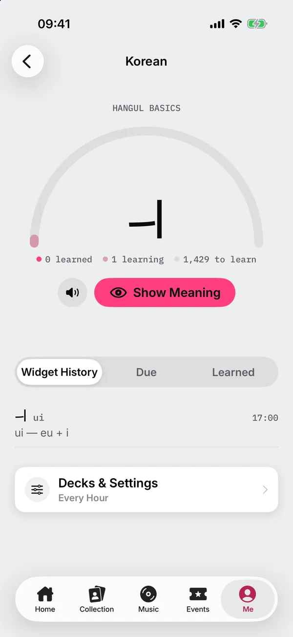 PocaPal의 Korean 페이지: 진행 반원 안의 글자, 학습 완료 0, 학습 중 1, 남은 단어 1,429, Say It과 Show Meaning, 그리고 Widget History, Due, Learned 목록.